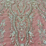 Beaded Lace Fabric Embroidered On 100 Percent Polyester Net Mesh Fabric - White, Ivory, Antique Silver, 52" Width (1 Yard)