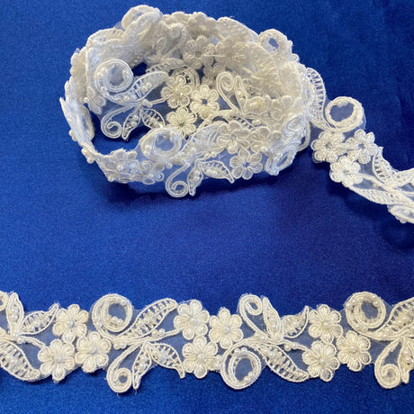 Beaded & Corded Lace Trimming Embroidered On 100 Percent Polyester Organza Fabric - Metallic Plum, 1.5" Width (1 Yard)