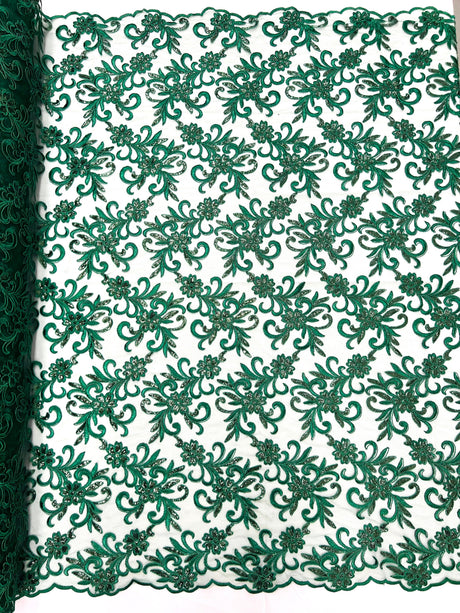 Estrella Corded Flowers Embroider With Sequins Mesh Lace Fabric - Floral Embroidered, Double Scallop, 50-54" Width, 36" Length (1 Yard)
