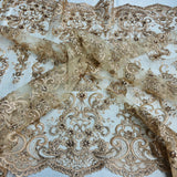 Ethereal Elegance Beaded Corded Bridal Embroidered Lace Polyester Fabric - White, Gold, Ivory, Silver, Rose Gold, 54" Width (1 Yard)