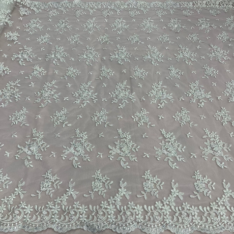 Beaded Corded Lace Fabric - Floral Design, Scalloped Edges, 52" Width (1 Yard)