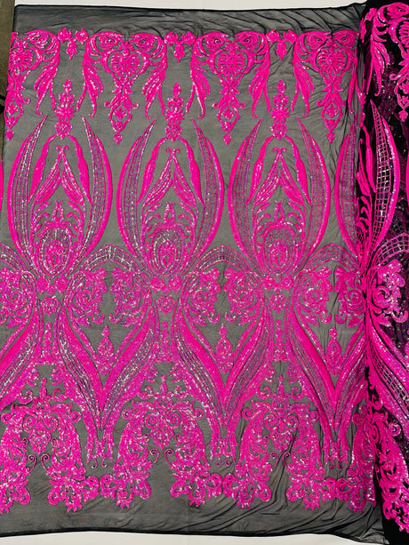 Big Sequin Damask Polyester Fabric - Damask Sequin Mesh, 54" Width (1 Yard)
