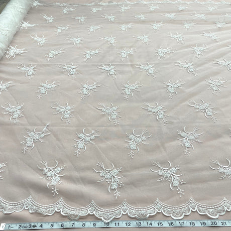 1 Yard - Beaded Lace Fabric Embroidered on 100% Polyester Net Mesh - Ivory - 52" Wide
