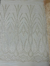 Heavy Beaded Damask Lace Polyester Fabric - Embroidered Beaded Mesh Lace, Double Scallop, 54" Width (1 Yard)