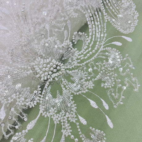 1 Yard Exquisite Beaded Lace Fabric Embroidered on Polyester Net Mesh White Ivory and Blush
