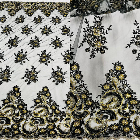 Beaded Sequined Lace Fabric on Polyester Net Mesh