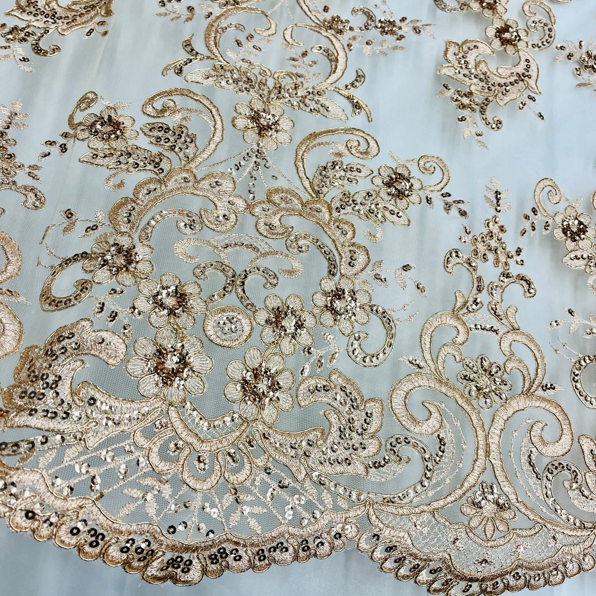 Beaded Corded Bridal Lace Fabric on Polyester Net Mesh