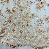 Beaded Corded Bridal Lace Fabric on Polyester Net Mesh