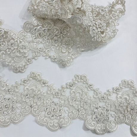 Beaded Corded Lace Trim 5" Polyester Net Mesh