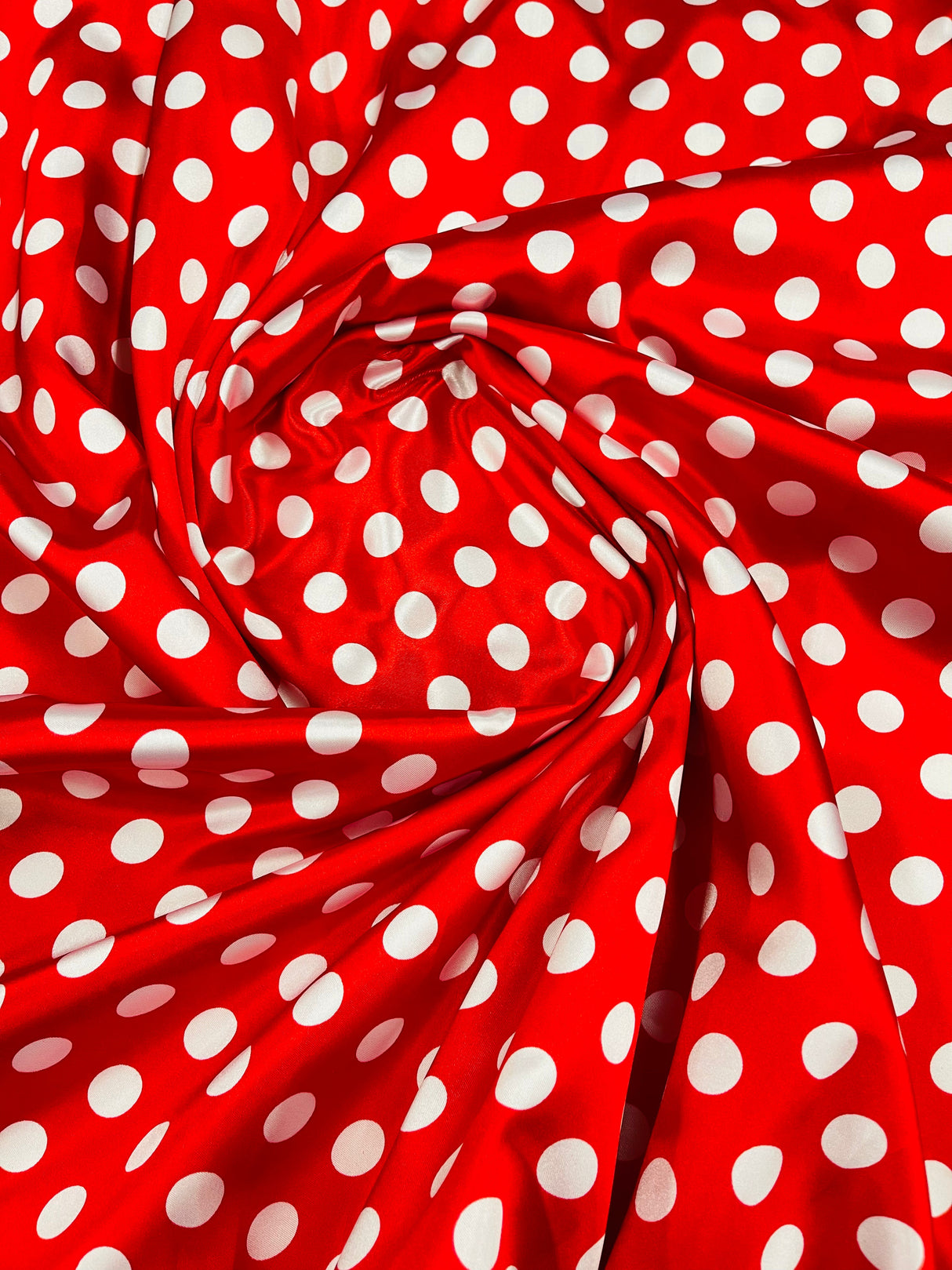 Polka Dot Satin 100 Percent Polyester Charmeuse Fabric - White Polka Dot On Red, 58" Width (1 Yard)