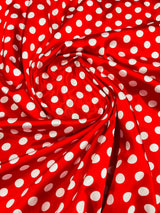Polka Dot Satin 100 Percent Polyester Charmeuse Fabric - White Polka Dot On Red, 58" Width (1 Yard)