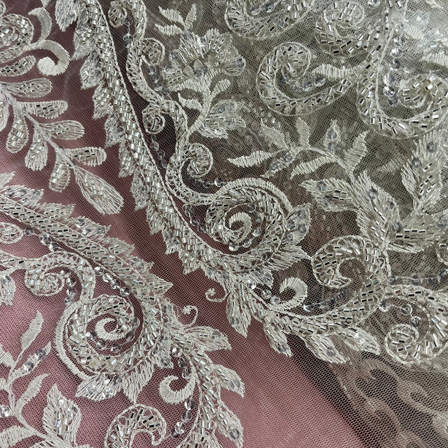 1 Yard Beaded Lace Fabric Embroidered on 100% Polyester Net Mesh | Ivory