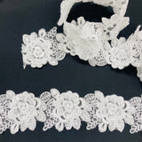 3D Floral Lace Trimming Polyester Fabric - Embroidered Net Mesh, Ivory With Silver, 3" Width (1 Yard)