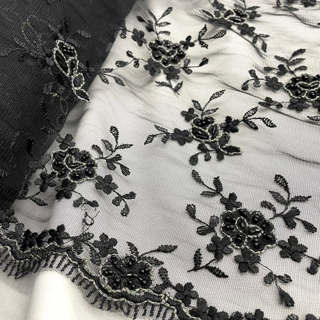 Beaded Lace Black Mesh Fabric