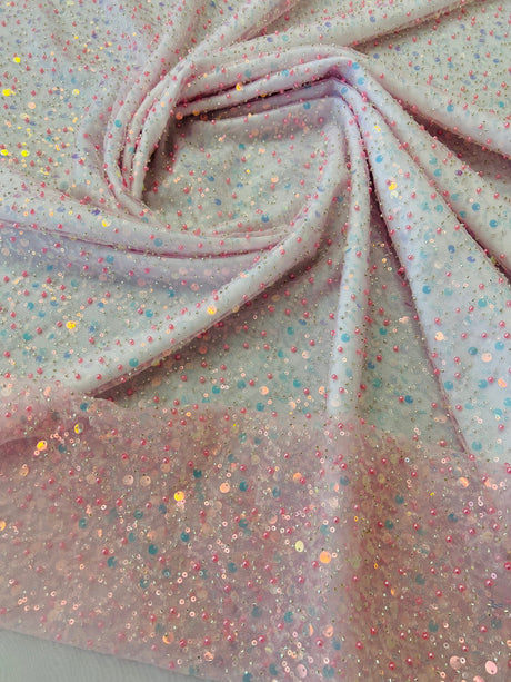 All Over Beaded Lace Polyester Fabric - Beaded, Sequins, Pearls, Mesh Lace, 54" Width (1 Yard)