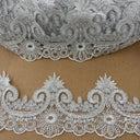 Corded Lace Trimming Embroidered On 100 Percent Polyester Net Mesh Fabric - Gold Metallic, Ivory With Silver, Ivory, Silver Metallic, White With Silver, White, 4" Width (1 Yard)
