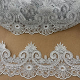 Corded Lace Trimming Embroidered On 100 Percent Polyester Net Mesh Fabric - Gold Metallic, Ivory With Silver, Ivory, Silver Metallic, White With Silver, White, 4" Width (1 Yard)