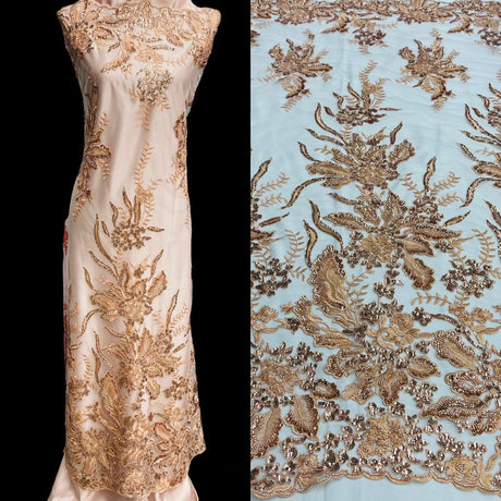 1 Yard Beaded Lace Fabric Embroidered on 100% Polyester Net Mesh | Off White, Cream, Ivory, Blush, and Gold