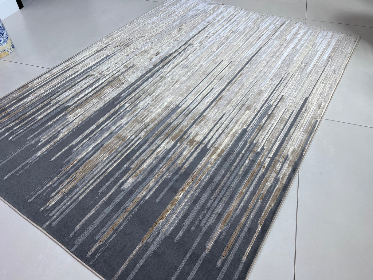 Maximus 241 Polyester Viscose Blend Fabric - Silver With Gold Geometric Design, Color-Changing Flat Weave (1 Rug)