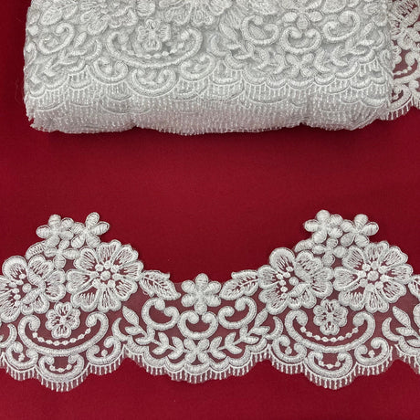 Corded Lace Trimming Embroidered On 100 Percent Polyester Net Mesh Fabric - Gold, Ivory With Silver, Ivory, Silver, White With Silver, White, 6" Width (1 Yard)