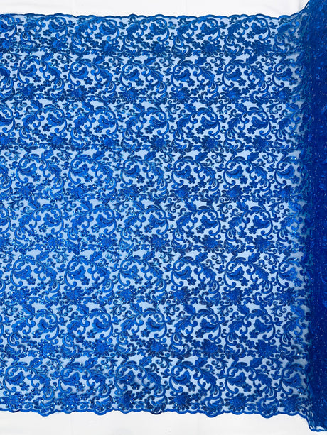 Angela Metallic Corded Lace Fabric - Embroidered Sequins Mesh Lace, Double Scallop Edge, 50-54" Width (1 Yard)