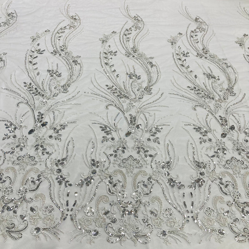 1 Yard Beaded Lace Fabric Embroidered on Polyester Net Mesh White and Ecru