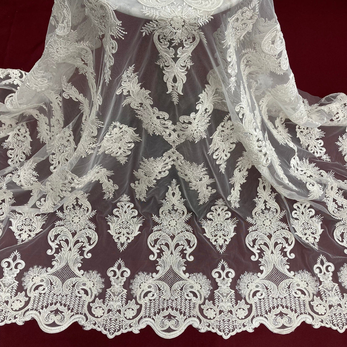 Beaded & Corded Lace Fabric - Embroidered On 100 Percent Polyester Net Mesh, White/Ivory, 52" Width (1 Yard)
