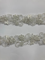 Beaded & Corded Lace Trimming Embroidered On 100 Percent Polyester Net Mesh Fabric - Metallic Gold, Ivory With Silver, White, 2" Width (1 Yard)