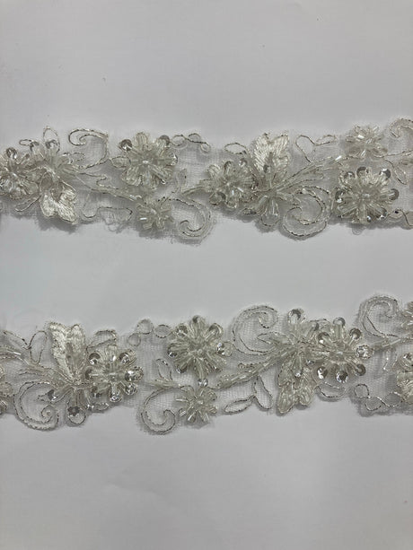 Beaded & Corded Lace Trimming Embroidered On 100 Percent Polyester Net Mesh Fabric - Metallic Gold, Ivory With Silver, White, 2" Width (1 Yard)