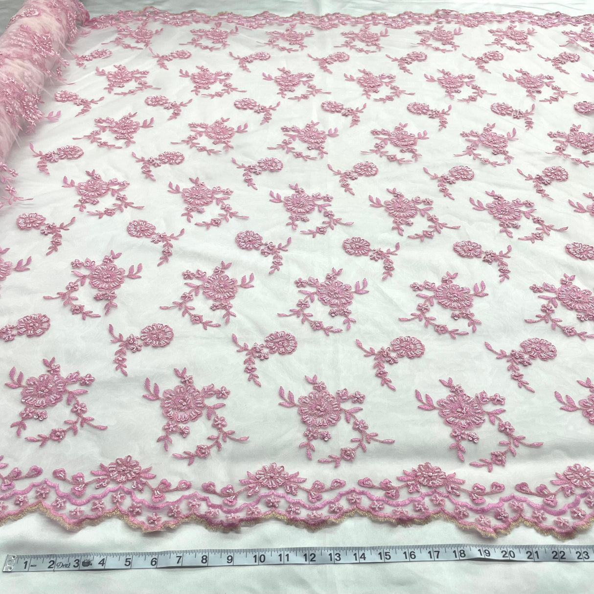 Beaded Lace Fabric Pink Mesh