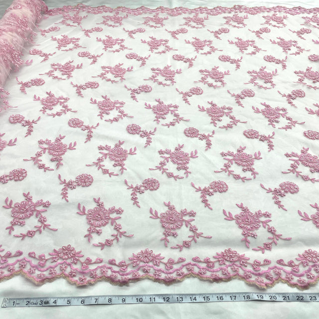 Beaded Lace Fabric Pink Mesh