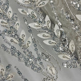 Beaded 3D Floral Lace Fabric Ivory Silver
