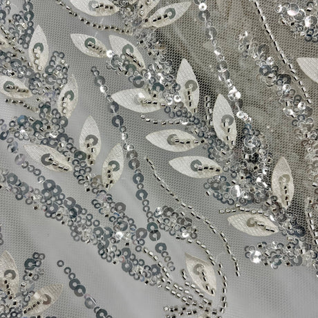 Beaded 3D Floral Lace Fabric Ivory Silver