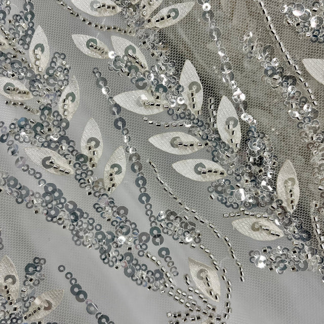 Beaded 3D Floral Lace Fabric Ivory Silver