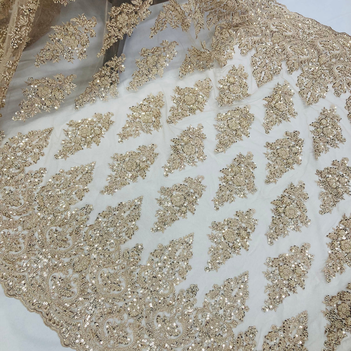 Beaded Lace Fabric Embroidered On 100 Percent Polyester Net Mesh - Champagne, Mauve, Beige, 50" Width (1 Yard)