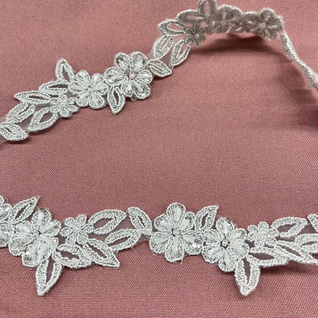 Beaded & Corded Lace Trimming Embroidered On 100% Polyester Net Fabric - 1.5" Width, Multiple Colors (1 Yard)
