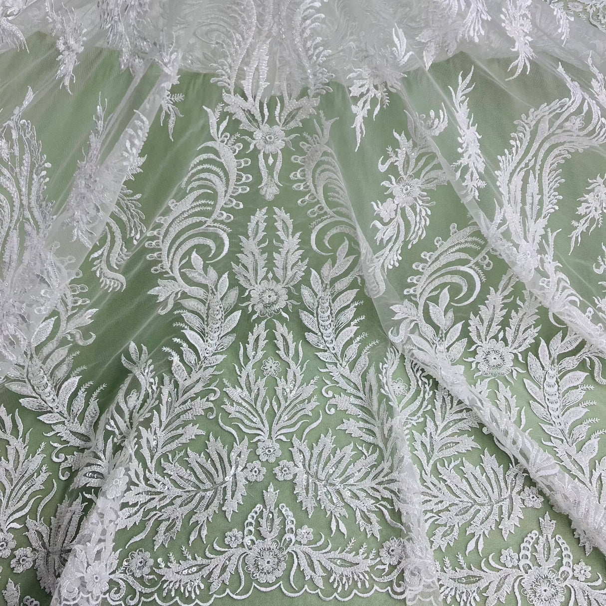 Beaded Sequined Lace Fabric Ivory