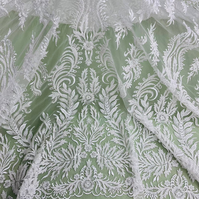 Beaded Sequined Lace Fabric Ivory