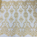 Beaded Lace Fabric Embroidered On 100 Percent Polyester Net Mesh - White, Off White, Silver, Gold, 53" Width (1 Yard)