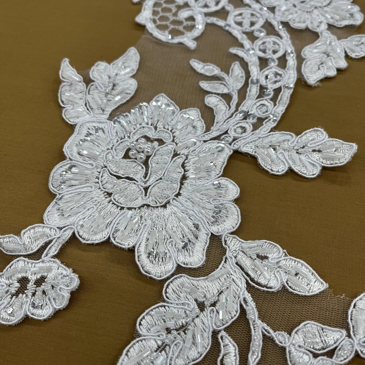 Beaded Corded Floral Lace Applique 20" x 5.5"