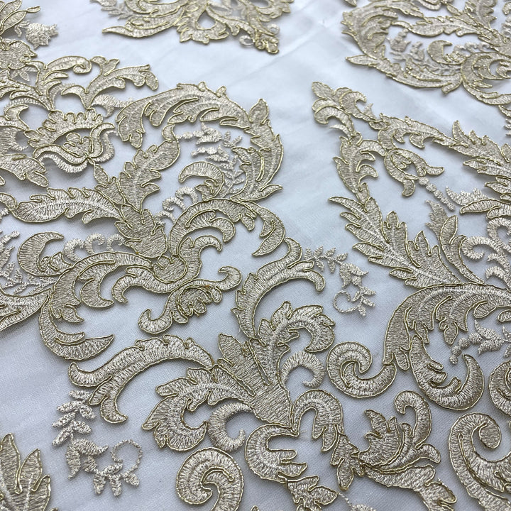 1 Yard Exquisite Corded Bridal Lace Fabric Embroidered on 100% Polyester Net Mesh White