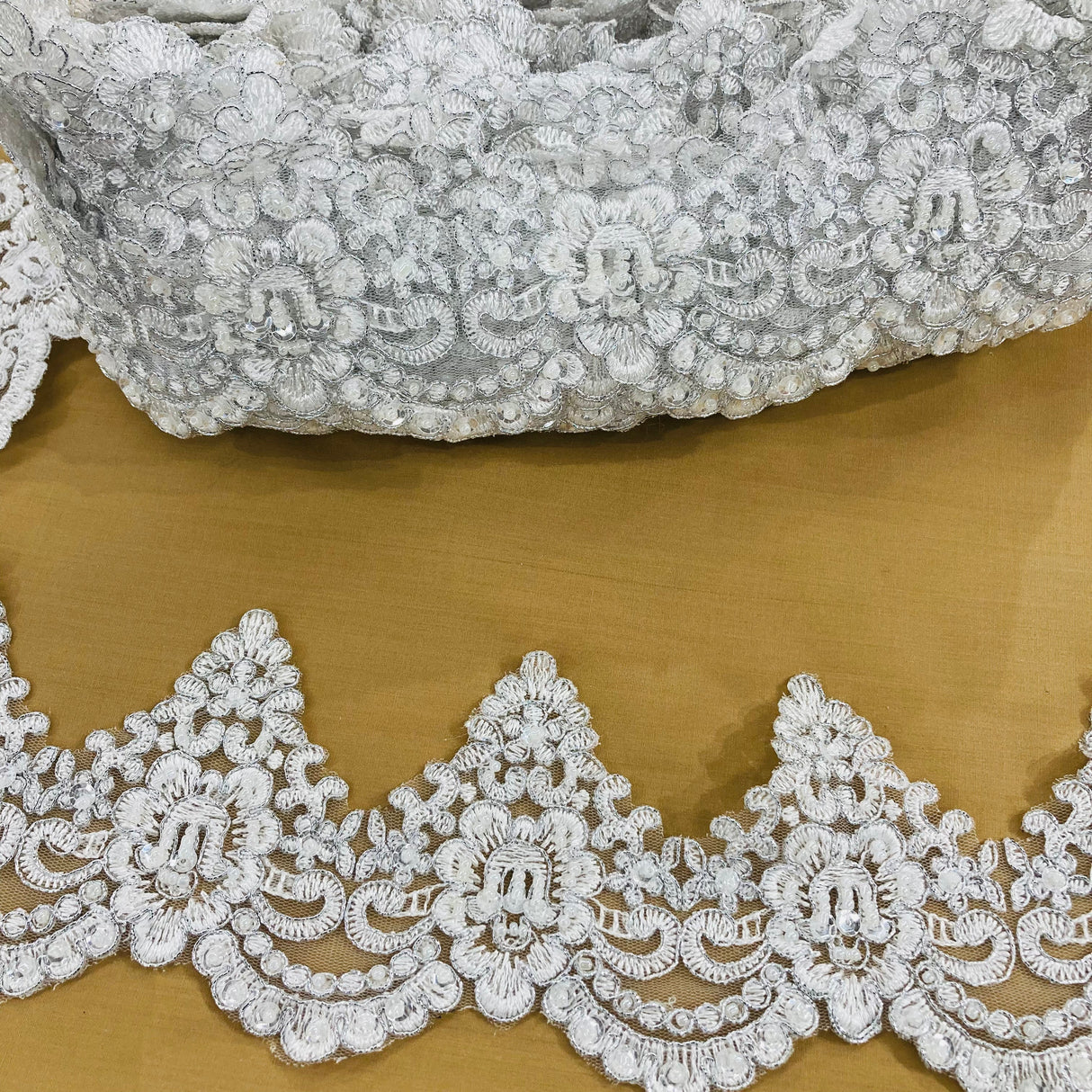 Beaded Corded Lace Trim 4.5" Polyester Net Mesh