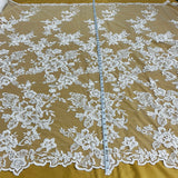 1 Yard Beaded & Corded Bridal Lace Fabric Embroidered on 100% Polyester Net Mesh