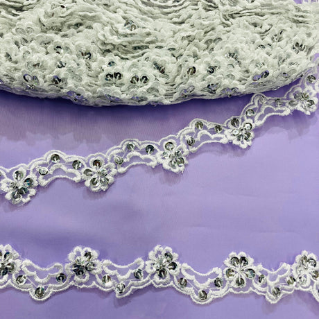 Beaded Lace Trimming Embroidered On 100 Percent Polyester Organza Fabric - White/Silver, 1" Wide (1 Yard)