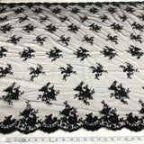 Beaded Corded Bridal Lace Fabric - Red, Silver, Black Embroidered On 100 Percent Polyester Net Mesh, 54" Width (1 Yard)