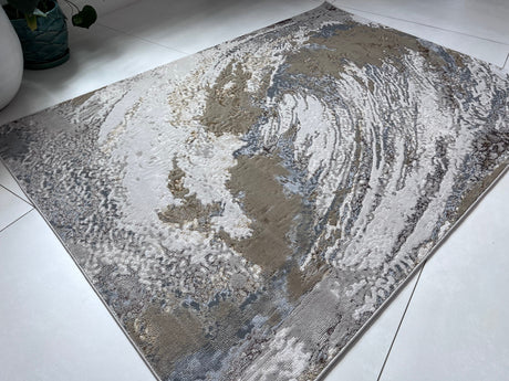 Maximus 240 Polyester Viscose Blend Fabric - Silver With Gold Swirl Design, Color-Changing Flat Weave, 60% Polypropylene 40% Polyester (7' 9" x 10' 2")