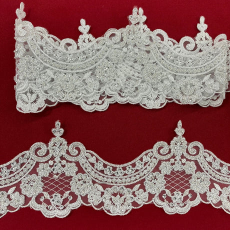 Beaded Corded Lace Trimming 100 Percent Polyester Net Mesh Fabric - Embroidered, 5" Width, 6 Colors (1 Yard)