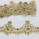 Beaded Lace Trimming Embroidered On 100 Percent Polyester Net Mesh Fabric - Gold, Silver, White Beaded Embroidery, 3" Width (1 Yard)