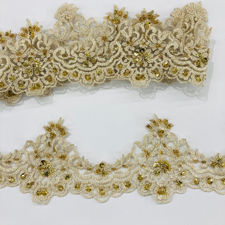 Beaded Lace Trimming Embroidered On 100 Percent Polyester Net Mesh Fabric - Gold, Silver, White Beaded Embroidery, 3" Width (1 Yard)
