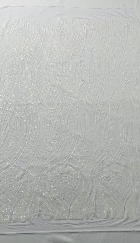 Feather Damask Shiny Sequin Design 4 Way Stretch Mesh Fabric - Iridescent Sequin Embroidered Mesh, 48-50" Width, 36" Length (1 Yard)